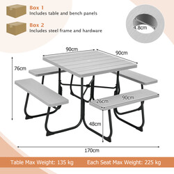 Picnicbord metal HDPE 170x170 cm med 4 bænke parasolhul og 8 personer