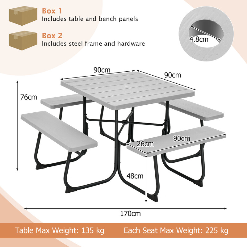 Picnicbord metal HDPE 170x170 cm med 4 bænke parasolhul og 8 personer