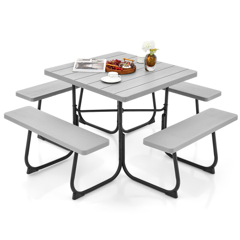 Picnicbord metal HDPE 170x170 cm med 4 bænke parasolhul og 8 personer