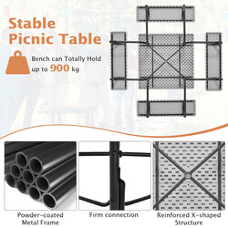 Picnicbord metal HDPE 170x170 cm med 4 bænke parasolhul og 8 personer