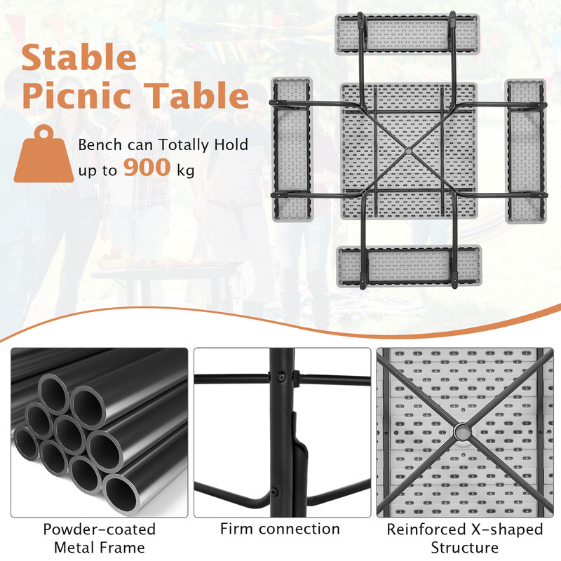 Picnicbord metal HDPE 170x170 cm med 4 bænke parasolhul og 8 personer