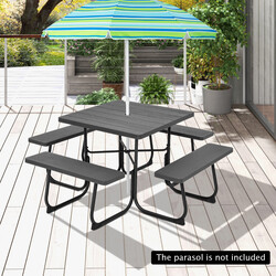 Rund picnicbord sort HDPE 170x170 cm med 4 bænke parasolhul