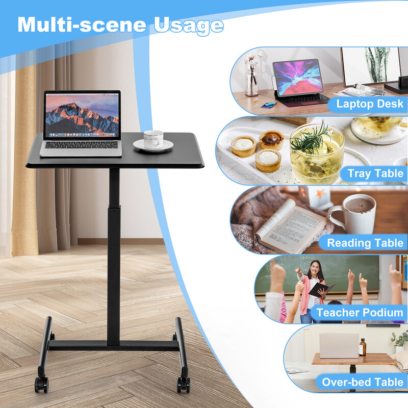 Laptopbord højdejusterbart sort metal MDF 65x48 cm med hjul 80 kg