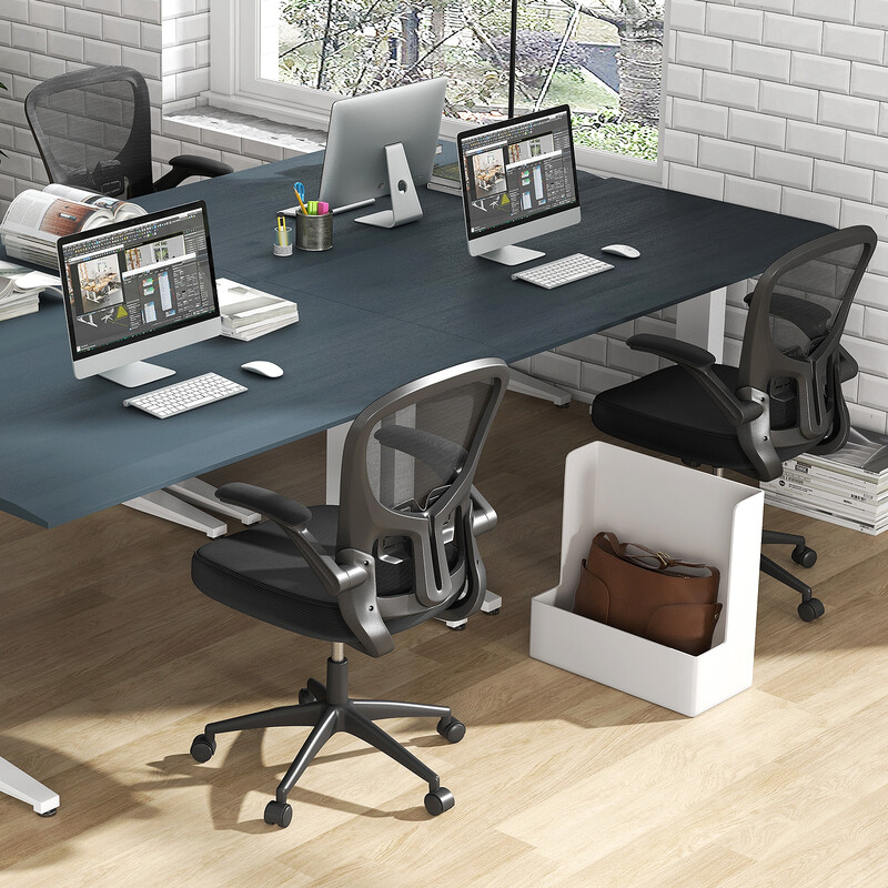 Ergonomisk kontorstol med netstof justerbar lændestøtte og sammenklappelige armlæn