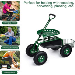 Havevogn grøn metalram med justerbart håndtag ergonomisk sæde og opbevaring