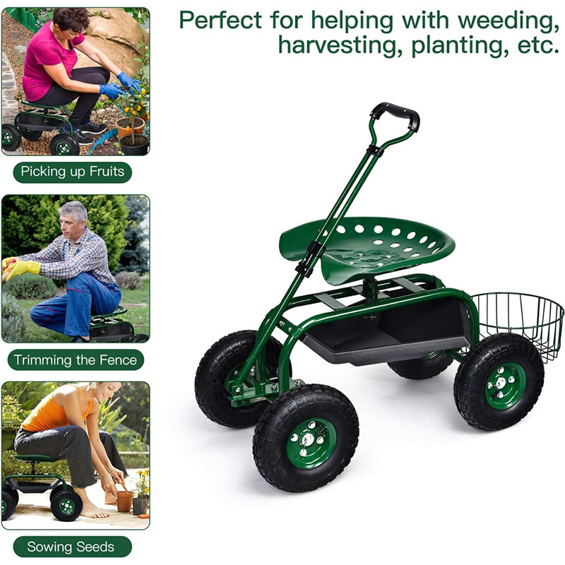 Havevogn grøn metalram med justerbart håndtag ergonomisk sæde og opbevaring