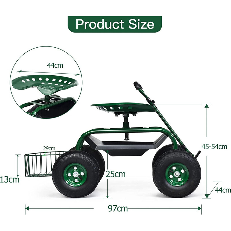 Havevogn grøn metalram med justerbart håndtag ergonomisk sæde og opbevaring