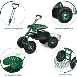 Havevogn grøn metalram med justerbart håndtag ergonomisk sæde og opbevaring