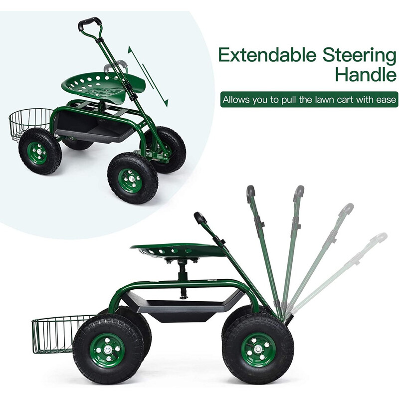Havevogn grøn metalram med justerbart håndtag ergonomisk sæde og opbevaring