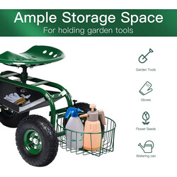 Havevogn grøn metalram med justerbart håndtag ergonomisk sæde og opbevaring