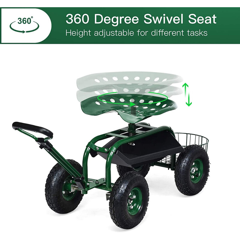 Havevogn grøn metalram med justerbart håndtag ergonomisk sæde og opbevaring