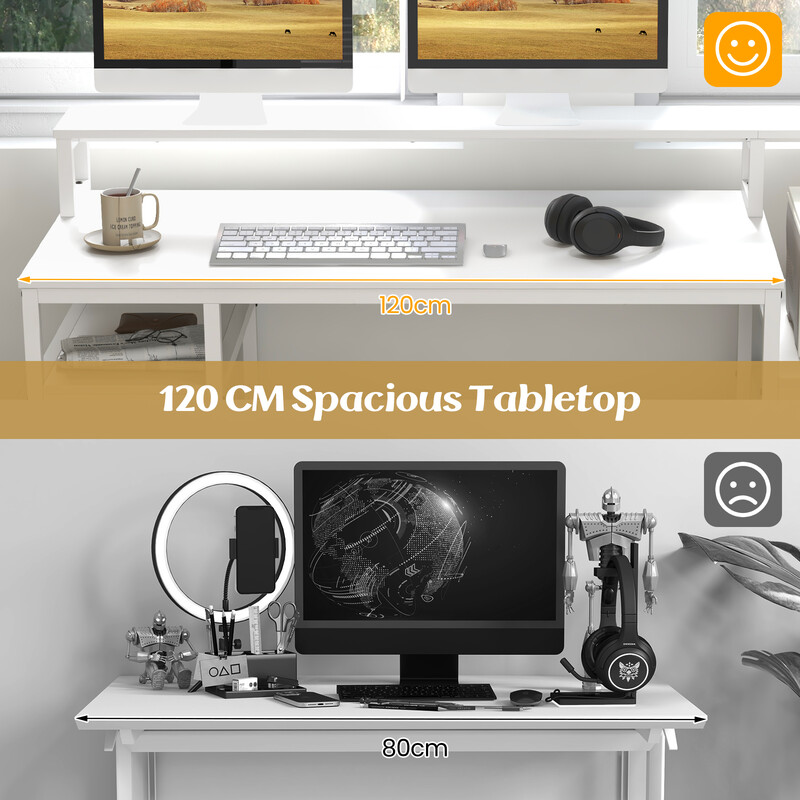 Computerskrivebord hvid MDF metal 120x60 cm med skærmstativ og CPU-holder