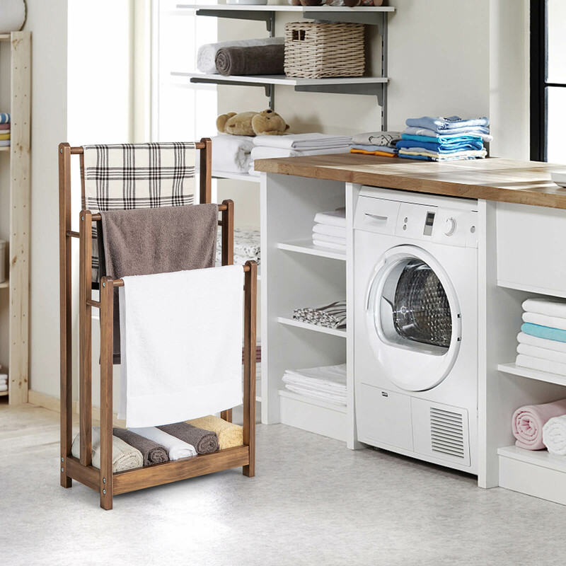 Fritstående håndklædeholder af gran 45x22x86 cm med tre niveauer brun opbevaringshylde