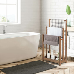 Fritstående håndklædeholder af gran 45x22x86 cm med tre niveauer brun opbevaringshylde