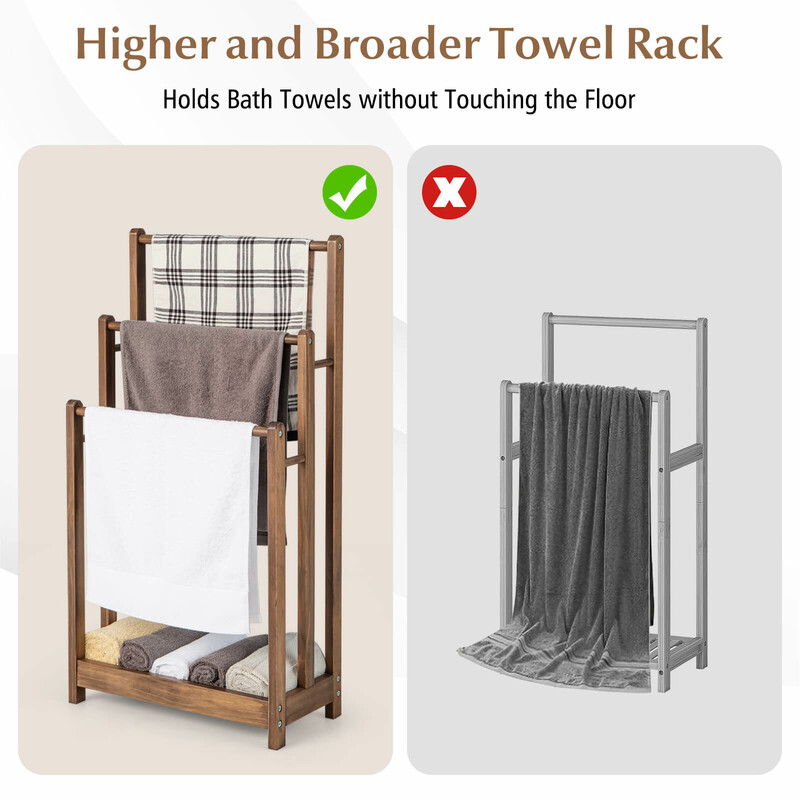 Fritstående håndklædeholder af gran 45x22x86 cm med tre niveauer brun opbevaringshylde