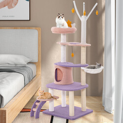 Katte-træ purpur/rosa 59x49x158 cm med hængekøje klatreplatforme legetøj
