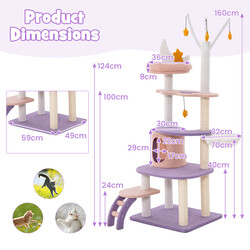 Katte-træ purpur/rosa 59x49x158 cm med hængekøje klatreplatforme legetøj