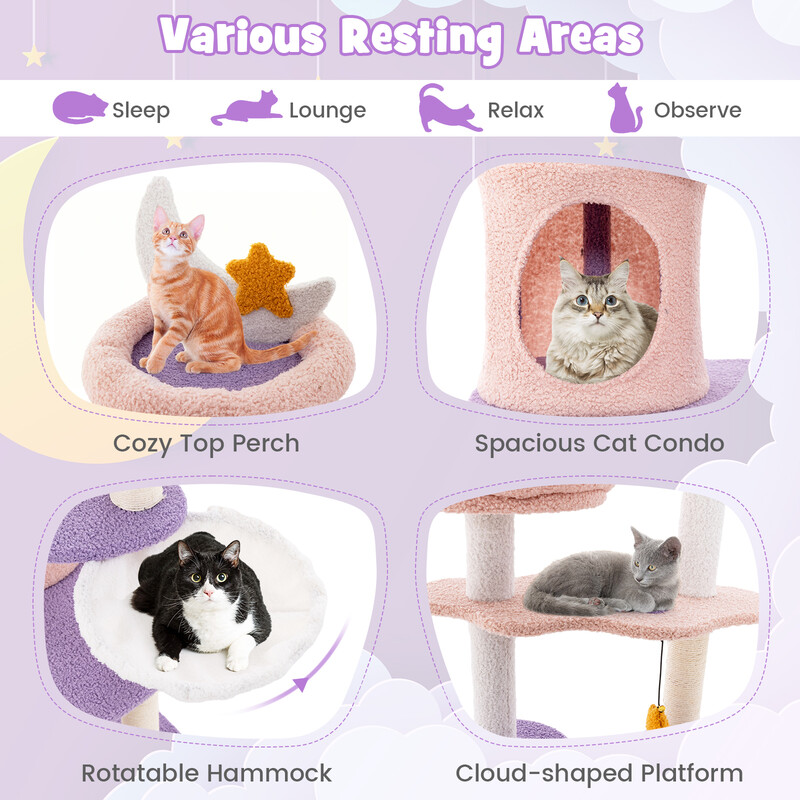 Katte-træ purpur/rosa 59x49x158 cm med hængekøje klatreplatforme legetøj