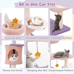 Katteklatretræ 59x49x140 cm lilla rosa sisal med bohule hængekøje legetøj