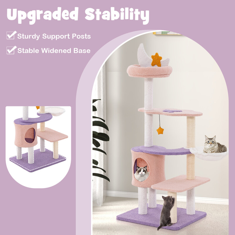 Katteklatretræ 59x49x140 cm lilla rosa sisal med bohule hængekøje legetøj