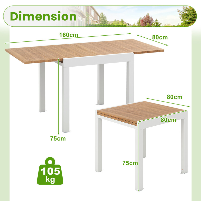 Aluminium spisebord udtrækkeligt 80-160 cm grå vejrbestandigt for 4-6 personer