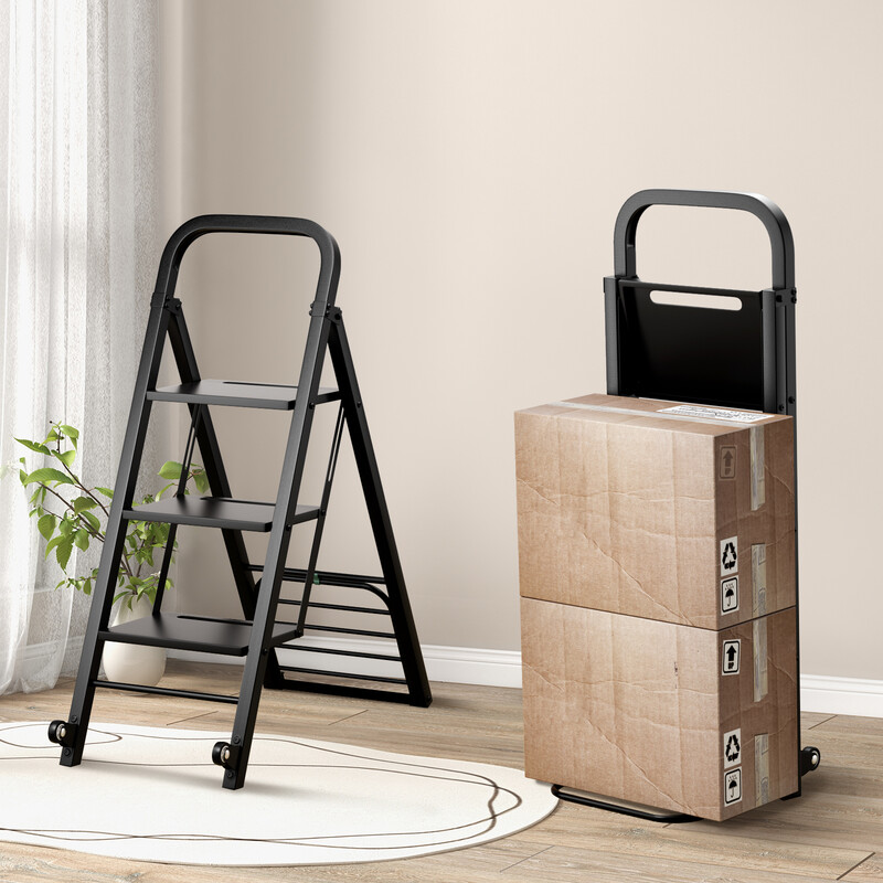 2-i-1 håndvogn og stige sort metal 250 kg kapacitet 3 trin drejelige hjul