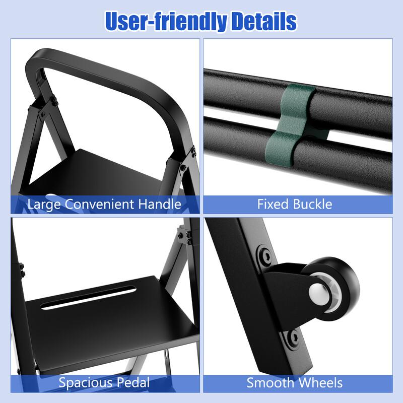 2-i-1 håndvogn og stige sort metal 250 kg kapacitet 3 trin drejelige hjul