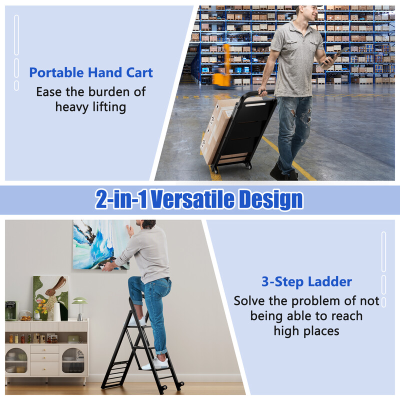 2-i-1 håndvogn og stige sort metal 250 kg kapacitet 3 trin drejelige hjul