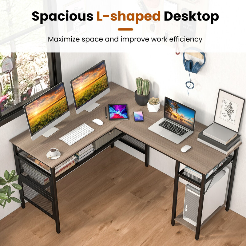 L-formet skrivebord i grå metal og træ med vendbare gitterhylder