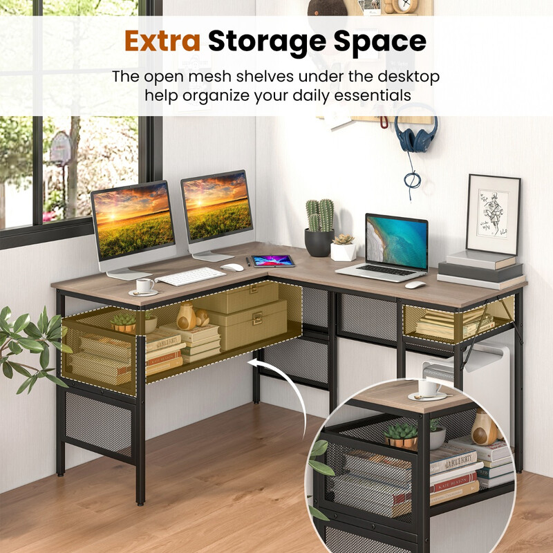 L-formet skrivebord i grå metal og træ med vendbare gitterhylder