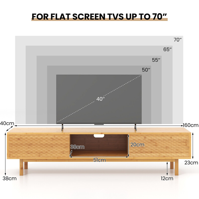Bambus TV-bord 160 cm med skydedøre til TV op til 70 tommer