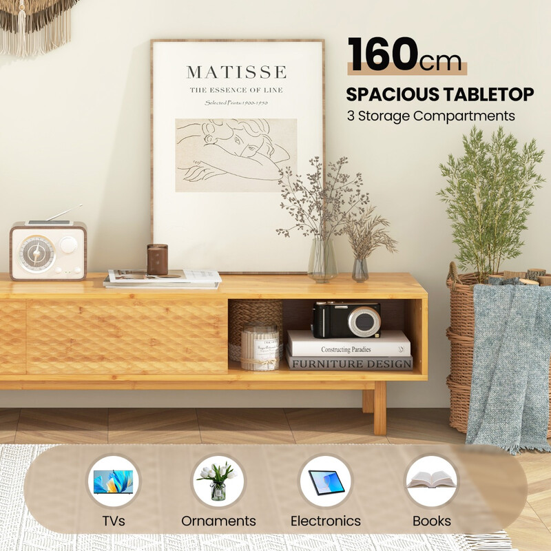 Bambus TV-bord 160 cm med skydedøre til TV op til 70 tommer