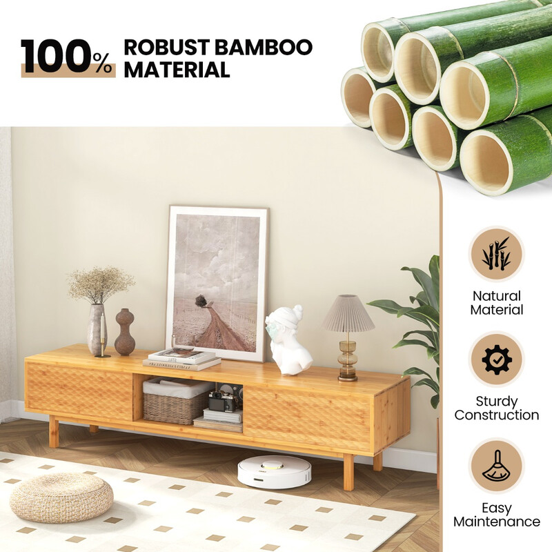 Bambus TV-bord 160 cm med skydedøre til TV op til 70 tommer