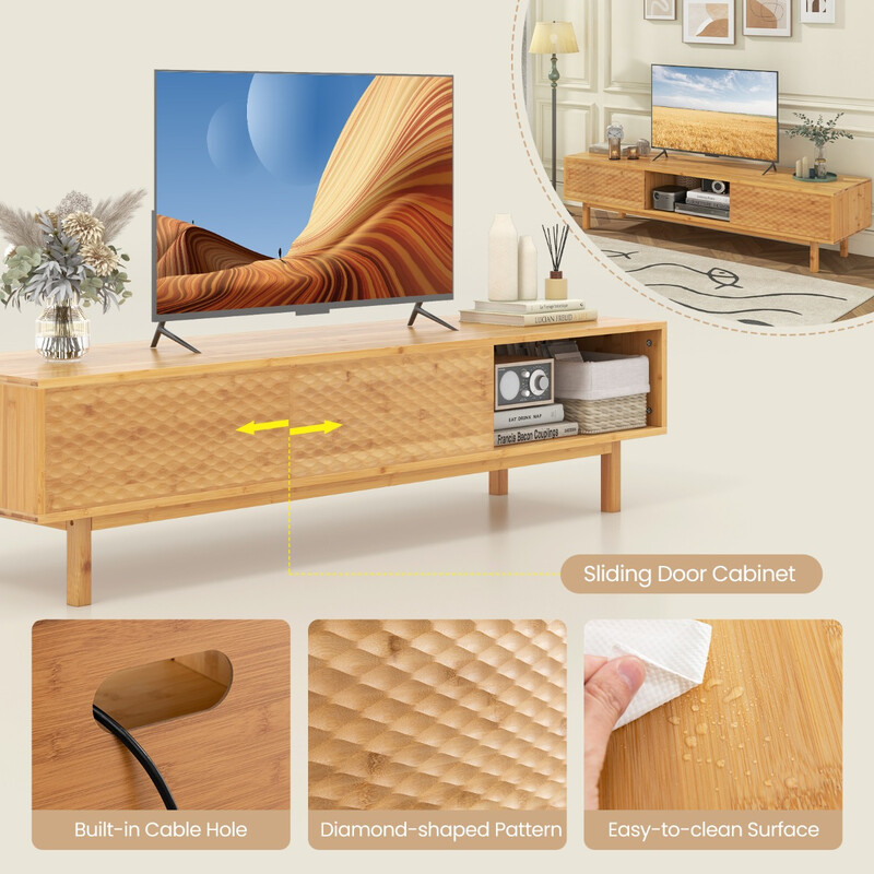 Bambus TV-bord 160 cm med skydedøre til TV op til 70 tommer