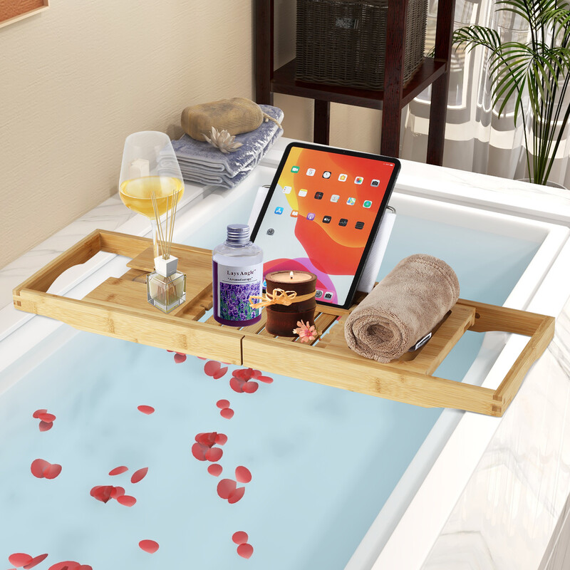 Badehylde i bambus justerbar 70-105 cm med bogstøtte og vinglasstøtte