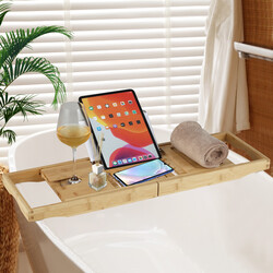 Badehylde i bambus justerbar 70-105 cm med bogstøtte og vinglasstøtte