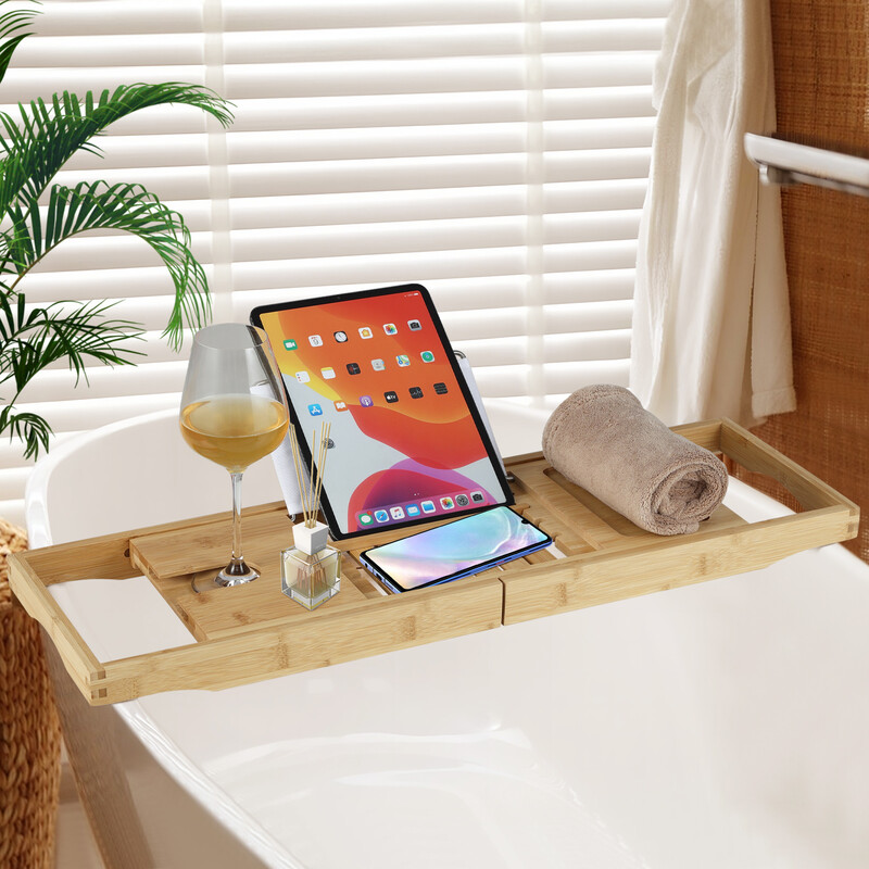 Badehylde i bambus justerbar 70-105 cm med bogstøtte og vinglasstøtte