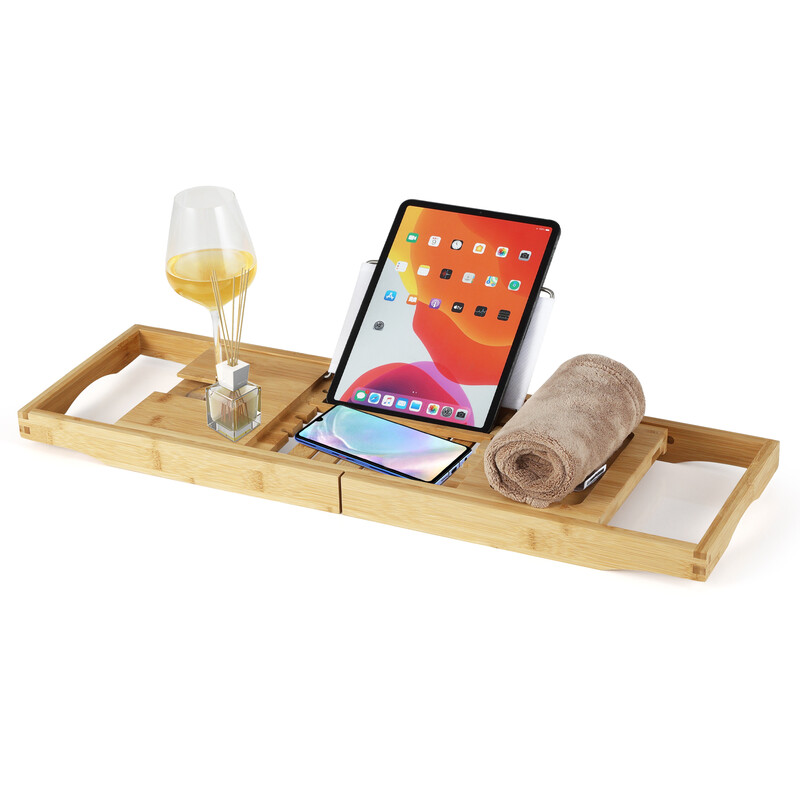 Badehylde i bambus justerbar 70-105 cm med bogstøtte og vinglasstøtte