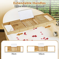 Badehylde i bambus justerbar 70-105 cm med bogstøtte og vinglasstøtte