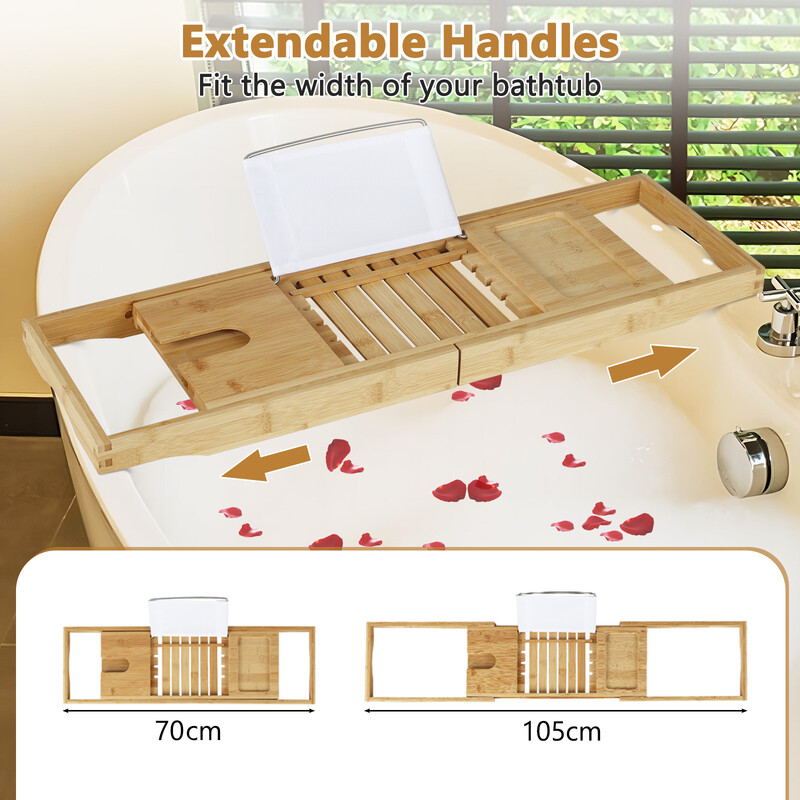 Badehylde i bambus justerbar 70-105 cm med bogstøtte og vinglasstøtte
