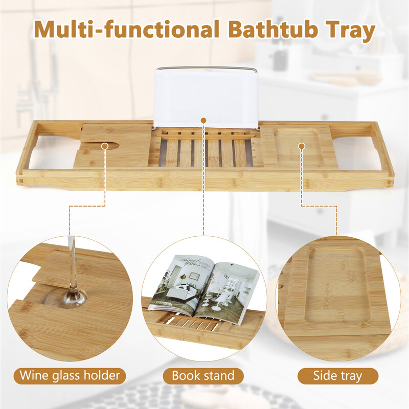 Badehylde i bambus justerbar 70-105 cm med bogstøtte og vinglasstøtte