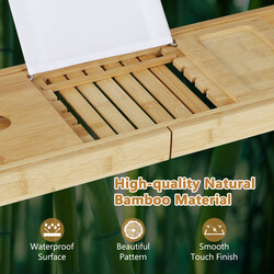 Badehylde i bambus justerbar 70-105 cm med bogstøtte og vinglasstøtte