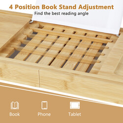 Badehylde i bambus justerbar 70-105 cm med bogstøtte og vinglasstøtte