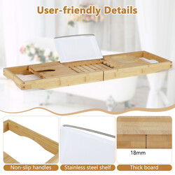 Badehylde i bambus justerbar 70-105 cm med bogstøtte og vinglasstøtte