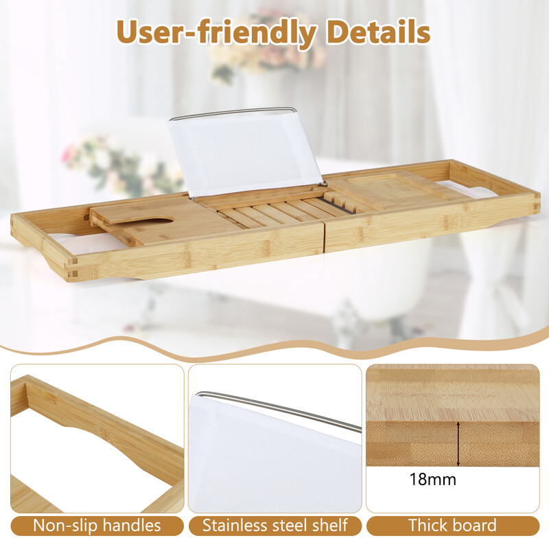 Badehylde i bambus justerbar 70-105 cm med bogstøtte og vinglasstøtte