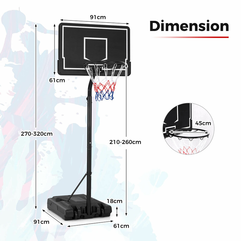 Basketstativ i metal sort justerbar højde 210-260 cm med hjul