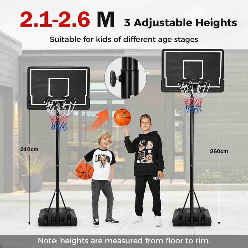 Basketstativ i metal sort justerbar højde 210-260 cm med hjul