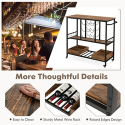 Serveringsvogn brun træ og metal 108x40x91 cm med hjul vin og glasholder