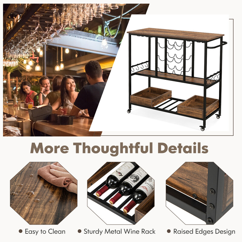 Serveringsvogn brun træ og metal 108x40x91 cm med hjul vin og glasholder