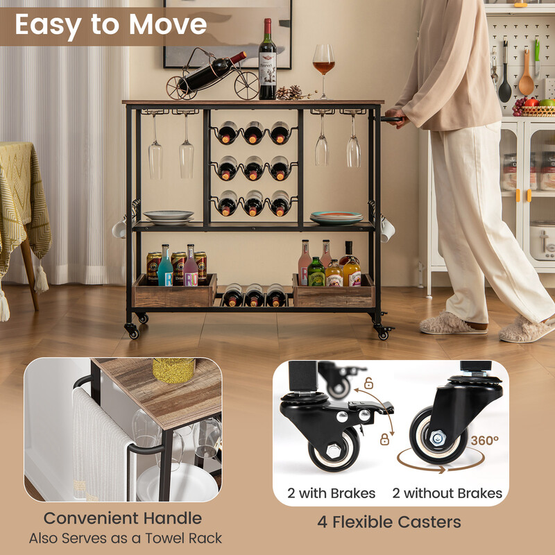 Serveringsvogn i træ og metal med hjul brun 108x40x91 cm